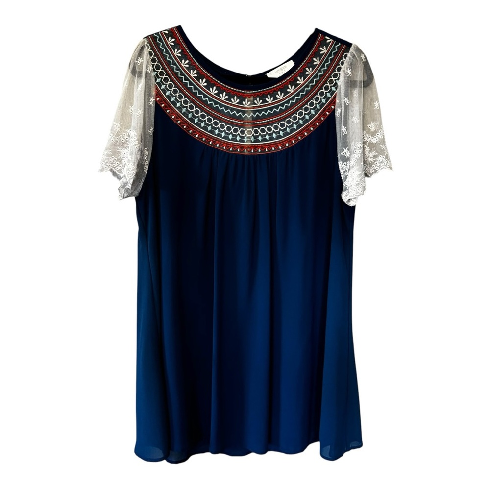 Umgee Blue and Lace Mini Dress L Boho Baby Doll Lose Flowy Embroidered